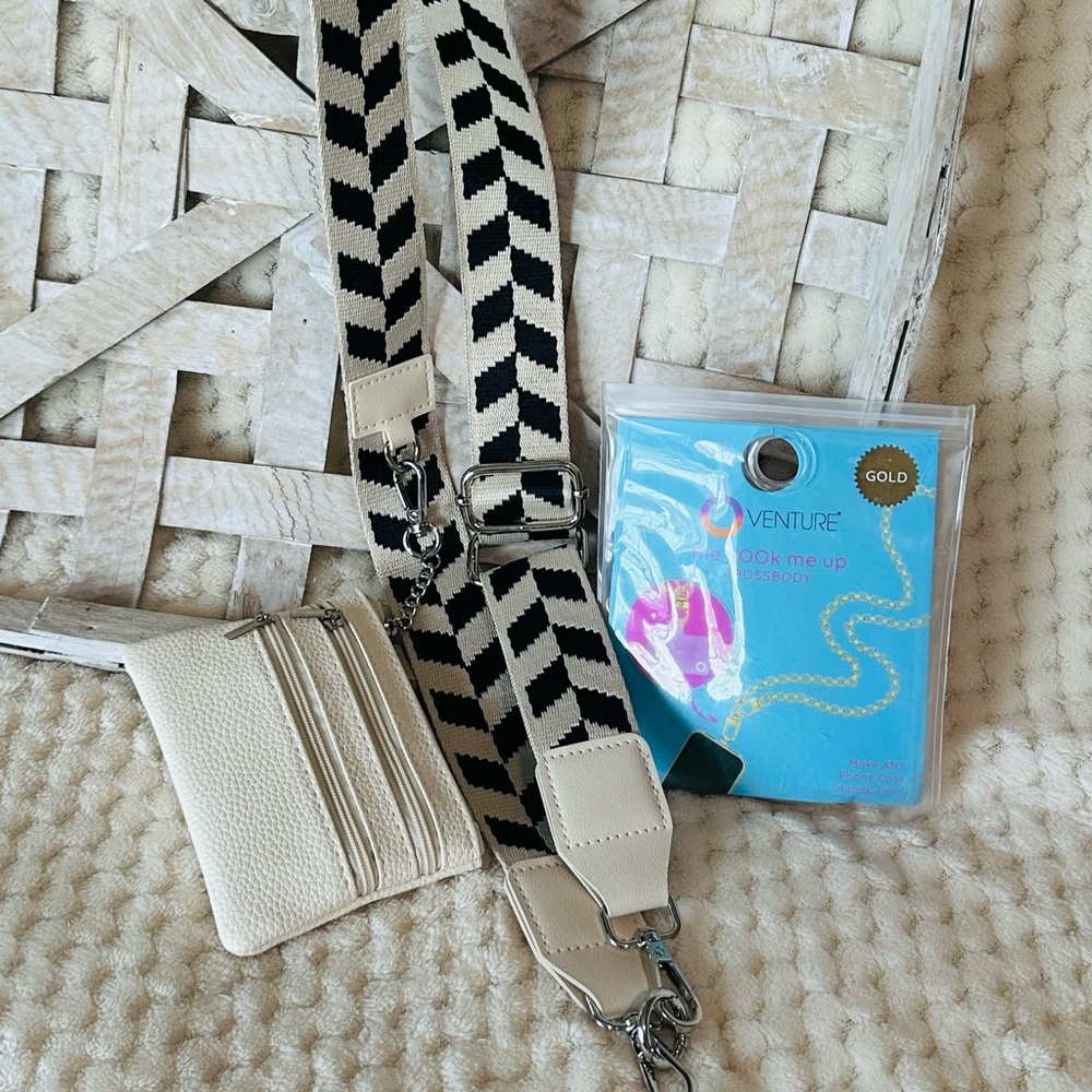New Cream & Black Crossbody wristlet guitar strap for cell phone/bag + gold one